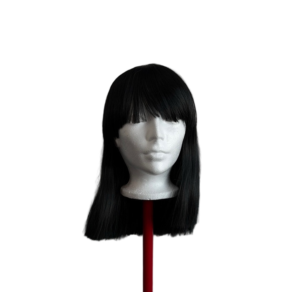 Medium Length Black Wig with Straight Bangs and Glossy Finish